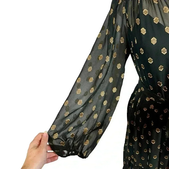 Shoshanna Benson Tiered Long Sleeve Sheer Metallic Chiffon Midi Dress Jet/Bronze - Picture 10 of 12